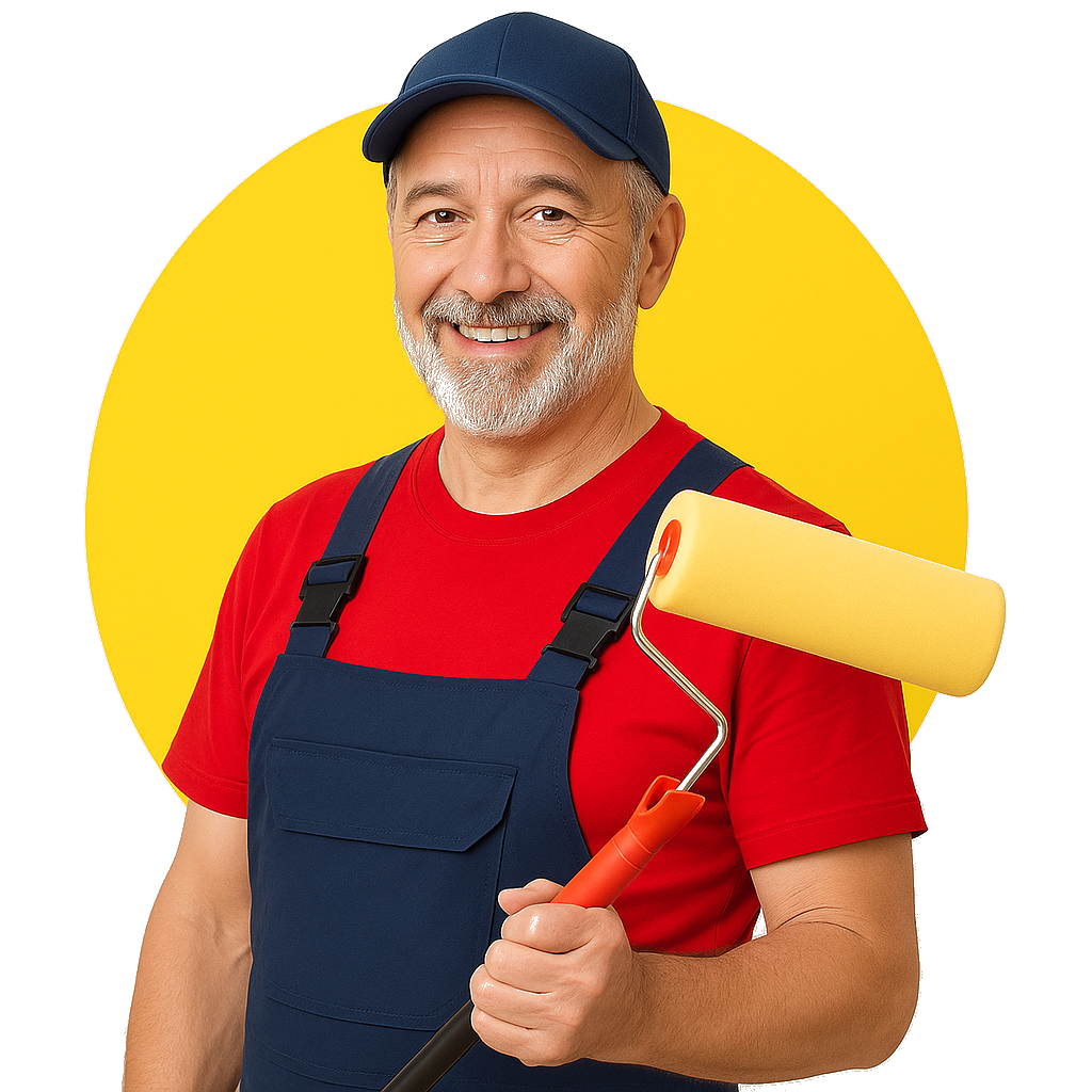ottawa house painter with long hand paint roller in a redT-shirt and blue paint hat