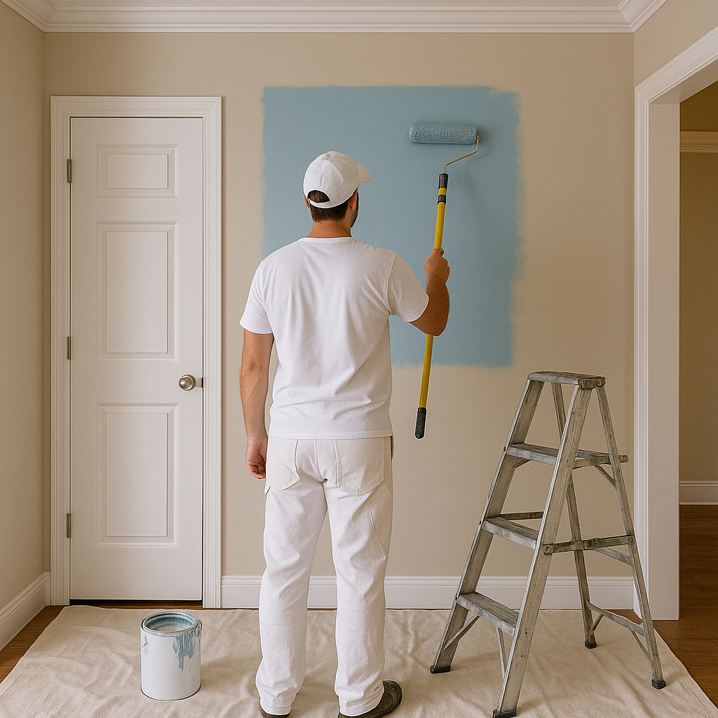 painter rolling paint on a wall