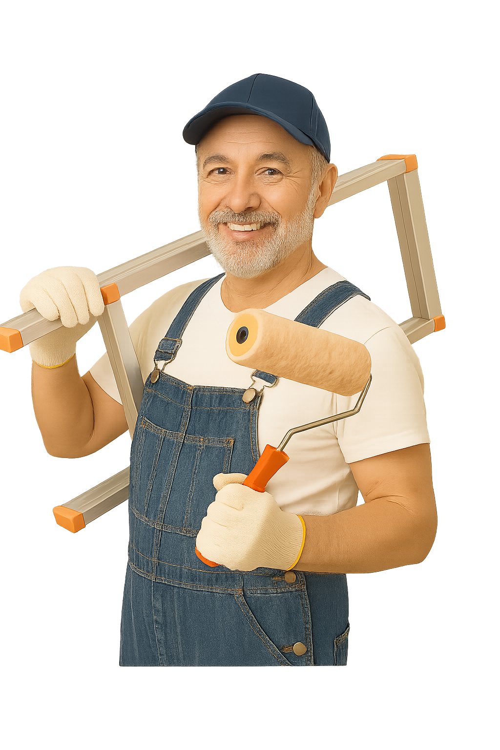 older house painter in blue overalls with clean paint roller